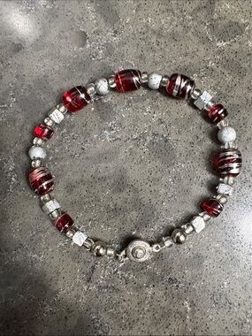 Red Glass Bead & Silver Accent Bracelet